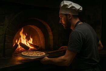 Fırıncı odun fırınında kürekle çalışırken