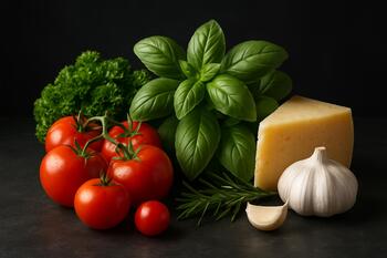 Malzeme tezgâhında domates, otlar ve peynir