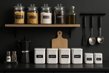 Hazırlık istasyonunda düzenli kaplar ve etiketler