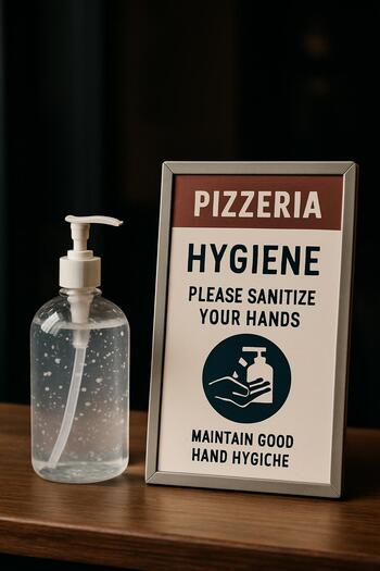 El dezenfektanı ve bilgilendirme levhası