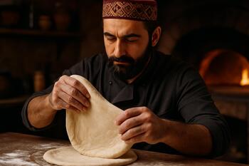 Azerbaycanlı şef ince hamuru el ile açıyor