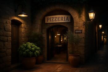 Bakü avlusundan restoran girişine perspektif