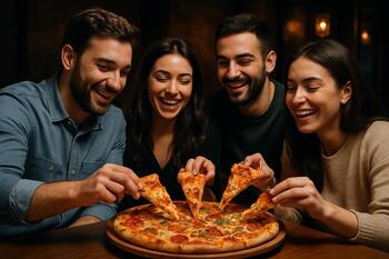 Bakü’de arkadaşlar sıcak pizzayı paylaşıyor