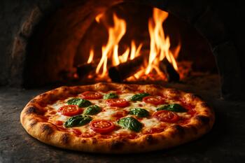 Bakü’de odun fırınında alevler eşliğinde pizza hazırlanıyor