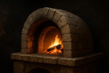Taş fırın yanında alev ve kürek