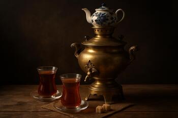 Samovar yanında çay ve sıcak dilimler