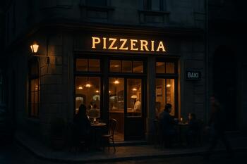 Rocket Pie dış cephe, akşam ışıkları