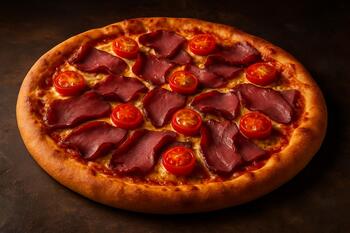 Pastırma, kiraz domates ve fesleğenli dilim